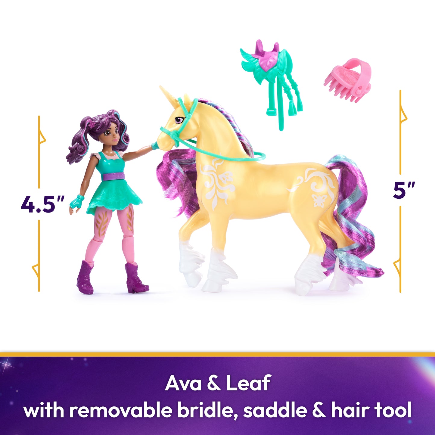 Unicorn Academy, Ava & Leaf Set with 2 Riding Accessories & Hair Styling Tool, Dolls & Unicorn Toys for Girls Ages 4 and up