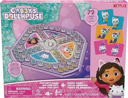 Gabby's Dollhouse Sorry Pop Up and Memo Games - Two Classic Games in a Set, Sorry (Pachisi) with Pop Up Cube and 72 Memo Cards with Popular Gabby Characters, from 4 Years, 2-4 Players