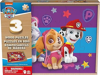 PAW Patrol, 3 Wood Puzzle Bundle 24-Piece Kids’ Puzzles with Portable Wooden Storage Box Chase, Marshall, Skye, Rubble, for Preschoolers Aged 4 and up