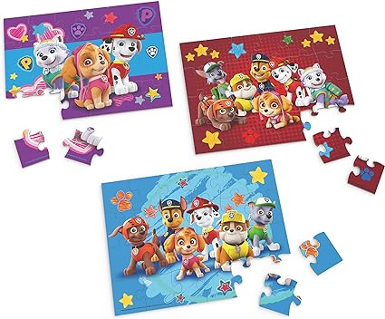 PAW Patrol, 3 Wood Puzzle Bundle 24-Piece Kids’ Puzzles with Portable Wooden Storage Box Chase, Marshall, Skye, Rubble, for Preschoolers Aged 4 and up