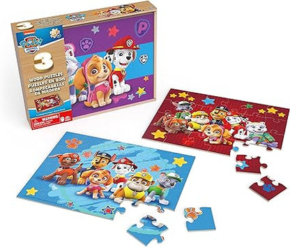 PAW Patrol, 3 Wood Puzzle Bundle 24-Piece Kids’ Puzzles with Portable Wooden Storage Box Chase, Marshall, Skye, Rubble, for Preschoolers Aged 4 and up