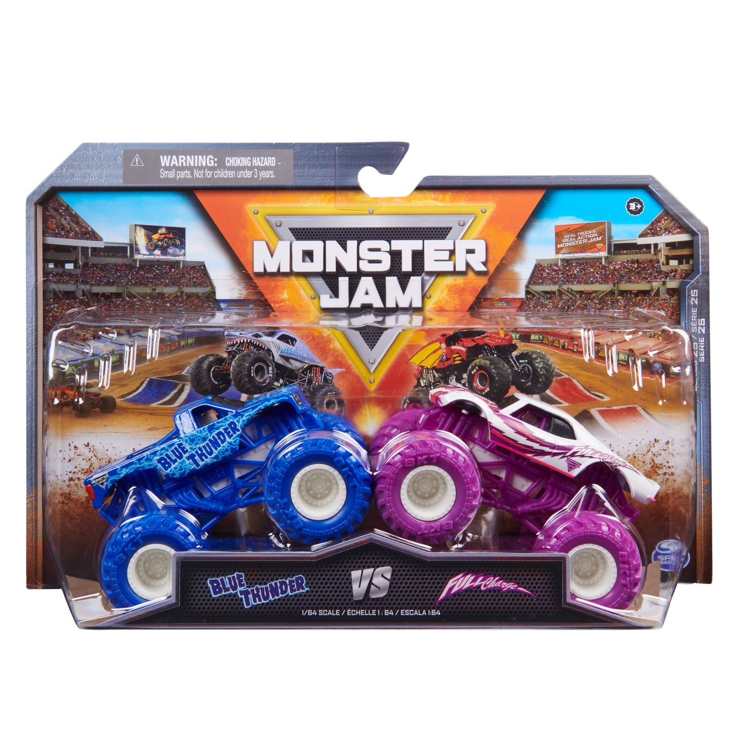 Monster Jam, Official Blue Thunder Vs. Full Charge Die-Cast Monster Trucks, 1:64 Scale, Kids Toys for Boys Ages 3 and up