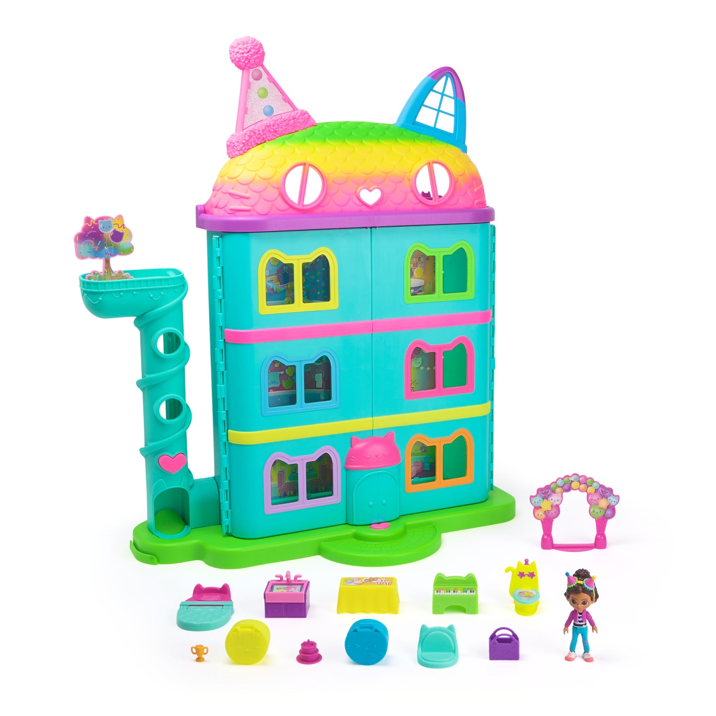 Gabby’s Dollhouse, 15-Piece Rainbow-Themed, Celebration Dollhouse, Toy Figures, Doll House Furniture & 6 Sound Effects, Kids Toys for Girls & Boys 3+