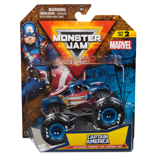 Monster Jam, Marvel Official Captain America Monster Truck, Die-Cast Vehicle, 1:64 Scale, Super Hero Kids Toys for Boys Ages 3 and up