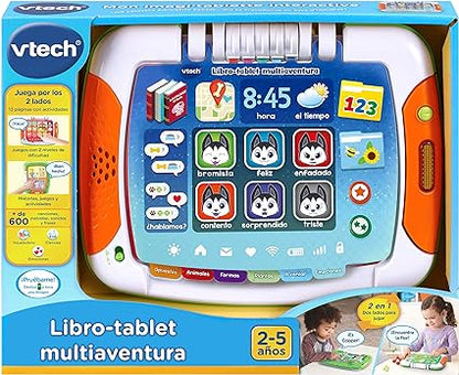 VTech - Libro/Tablet multiaventura, Tablet para niños +2 años, Tablero Interactivo y Libro Tradicional, aprende los Colores, Las Formas geométricas a través de Cuentos y páginas ilustradas